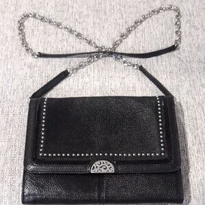 Brighton Black Leather Studded Crossbody Bag with Silver Chain Strap